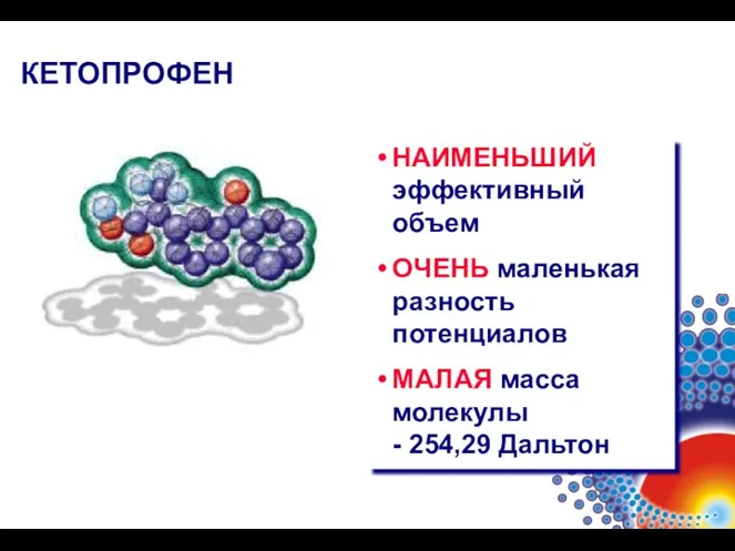 КЕТОПРОФЕН НАИМЕНЬШИЙ эффективный объем ОЧЕНЬ маленькая разность потенциалов МАЛАЯ масса молекулы - 254,29 Дальтон