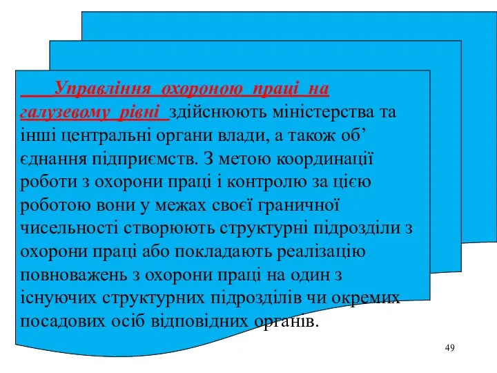 Управління охороною праці на галузевому рівні здійснюють міністерства та інші