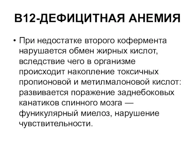 В12-ДЕФИЦИТНАЯ АНЕМИЯ При недостатке второго кофермента нарушается обмен жирных кислот,