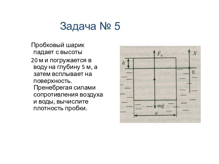 Пробковый шарик падает с высоты 20 м и погружается в