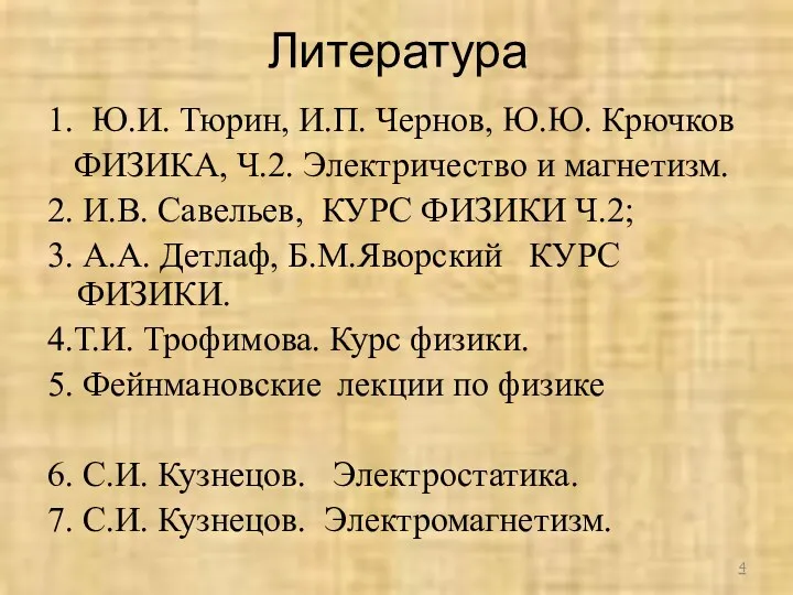 Литература 1. Ю.И. Тюрин, И.П. Чернов, Ю.Ю. Крючков ФИЗИКА, Ч.2.