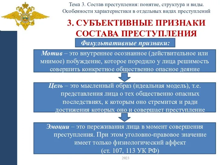 3. СУБЪЕКТИВНЫЕ ПРИЗНАКИ СОСТАВА ПРЕСТУПЛЕНИЯ Тема 3. Состав преступления: понятие,