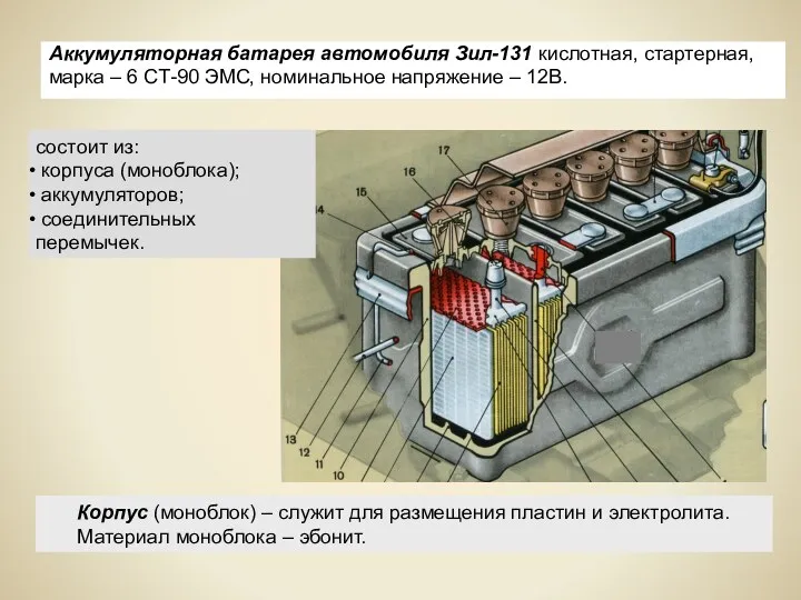 Аккумуляторная батарея автомобиля Зил-131 кислотная, стартерная, марка – 6 СТ-90