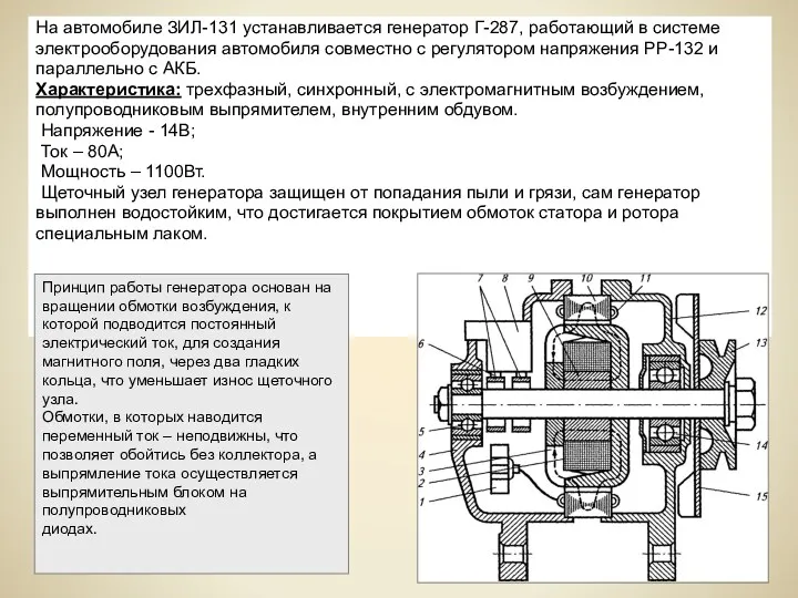 На автомобиле ЗИЛ-131 устанавливается генератор Г-287, работающий в системе электрооборудования