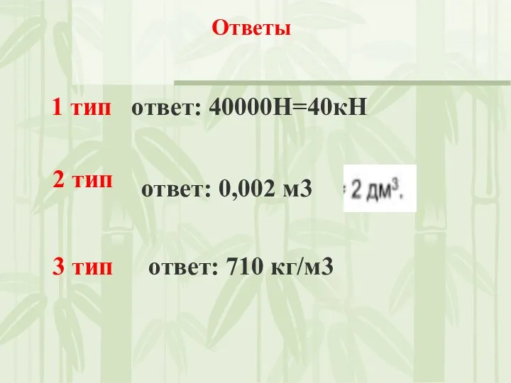 1 тип ответ: 40000Н=40кН 2 тип 3 тип ответ: 0,002 м3 ответ: 710 кг/м3 Ответы