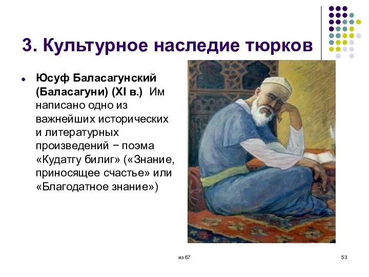 3. Культурное наследие тюрков Юсуф Баласагунский (Баласагуни) (XI в.) Им