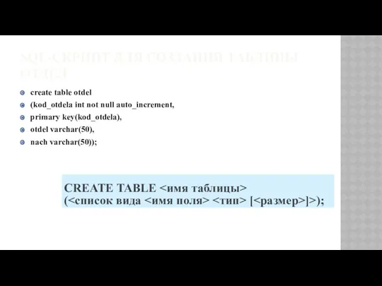SQL-СКРИПТ ДЛЯ СОЗДАНИЯ ТАБЛИЦЫ ОТДЕЛ create table otdel (kod_otdela int
