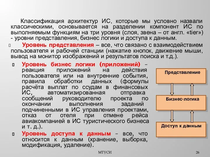 МТУСИ Уровень бизнес логики (приложений) – реакция приложений на действия