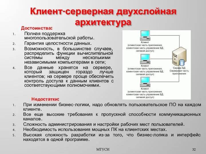 МТУСИ Клиент-серверная двухслойная архитектура Достоинства: Полная поддержка многопользовательской работы. Гарантия