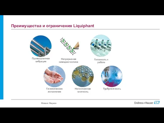 Преимущества и ограничения Liquiphant Непостоянная плотность Промышленная вибрация Турбулентность Непрерывная