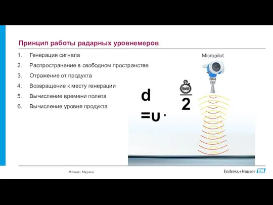 Принцип работы радарных уровнемеров d =υ⋅ Micropilot Генерация сигнала Распространение