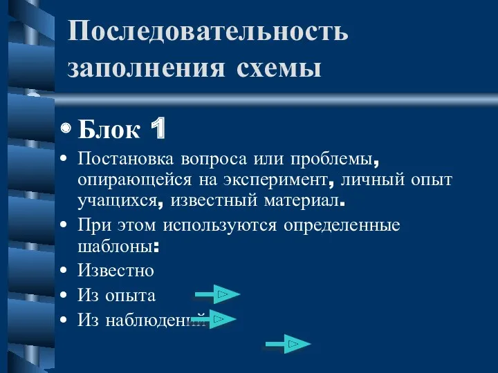 Последовательность заполнения схемы Блок 1 Постановка вопроса или проблемы, опирающейся