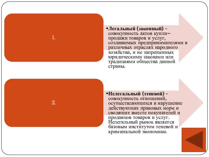 1. Легальный (законный) - совокупность актов купли–продажи товаров и услуг,