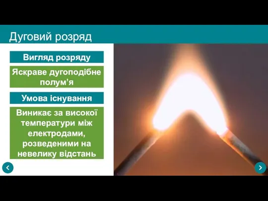 Дуговий розряд Вигляд розряду Яскраве дугоподібне полум’я Умова існування Виникає