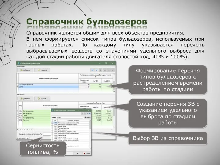 Справочник бульдозеров Создание перечня ЗВ с указанием удельного выброса по