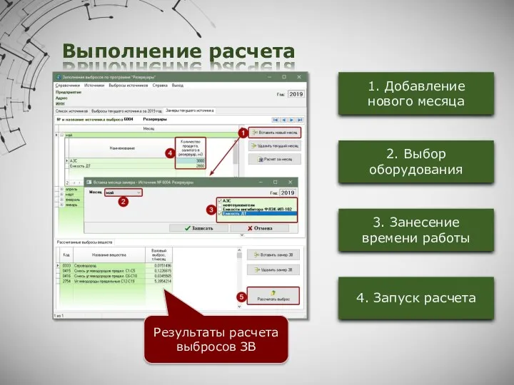 Выполнение расчета 1. Добавление нового месяца 2. Выбор оборудования 4.