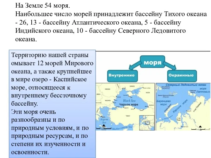 На Земле 54 моря. Наибольшее число морей принадлежит бассейну Тихого океана - 26,