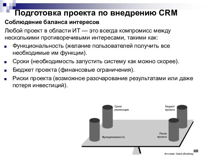 Подготовка проекта по внедрению CRM Соблюдение баланса интересов Любой проект