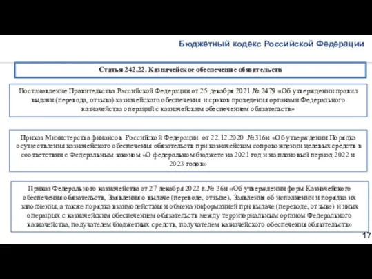 Бюджетный кодекс Российской Федерации 17 Статья 242.22. Казначейское обеспечение обязательств