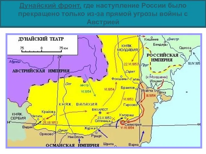 Дунайский фронт, где наступление России было прекращено только из-за прямой угрозы войны с Австрией