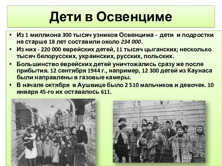 Дети в Освенциме Из 1 миллиона 300 тысяч узников Освенцима