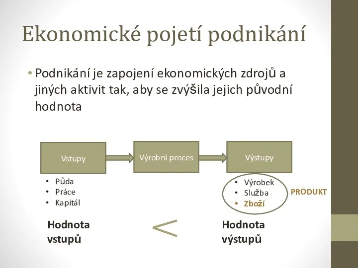 Ekonomické pojetí podnikání Podnikání je zapojení ekonomických zdrojů a jiných