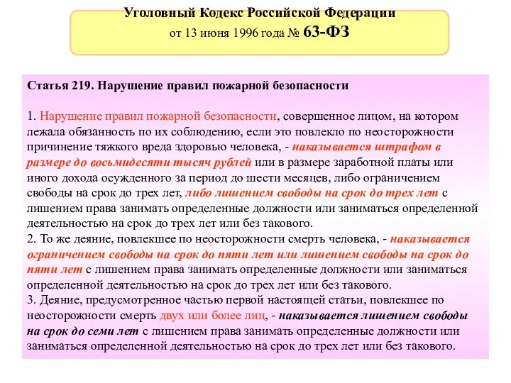 Статья 219. Нарушение правил пожарной безопасности 1. Нарушение правил пожарной