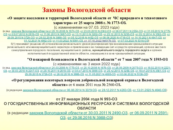 Законы Вологодской области «О защите населения и территорий Вологодской области