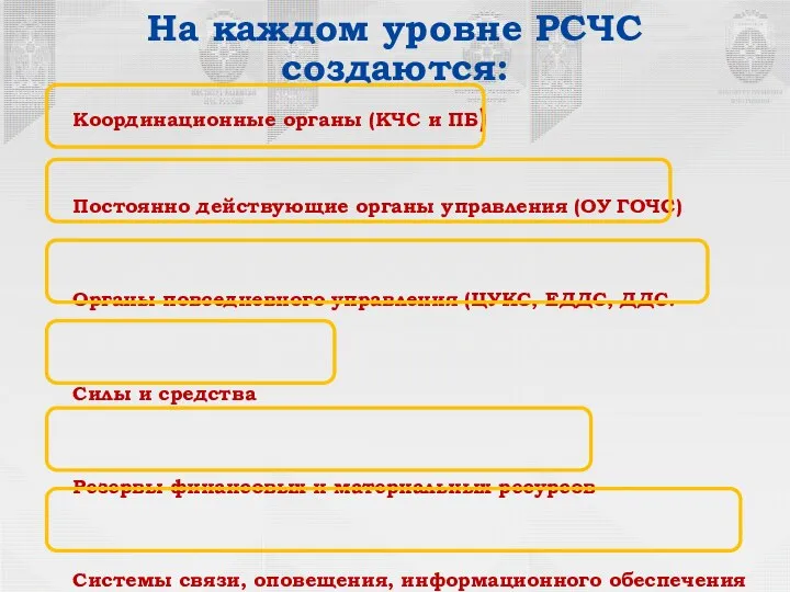 На каждом уровне РСЧС создаются: Координационные органы (КЧС и ПБ)