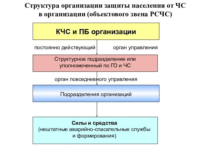 Структура организации защиты населения от ЧС в организации (объектового звена