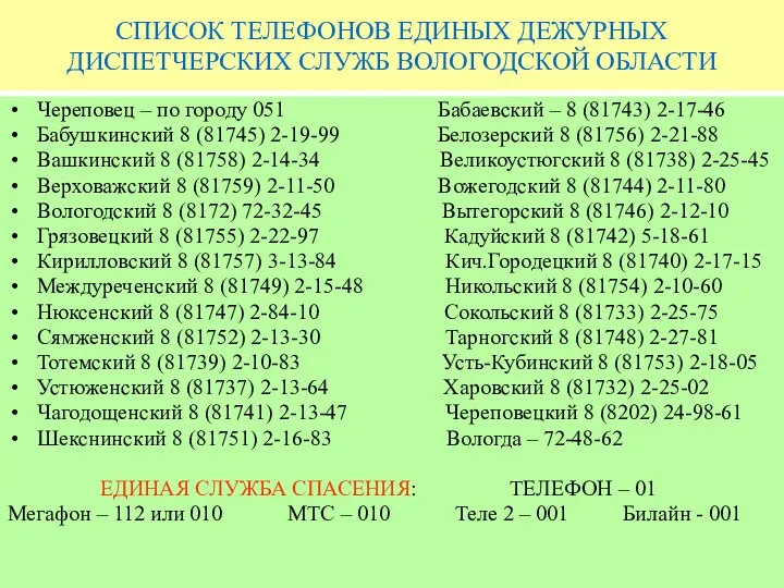 СПИСОК ТЕЛЕФОНОВ ЕДИНЫХ ДЕЖУРНЫХ ДИСПЕТЧЕРСКИХ СЛУЖБ ВОЛОГОДСКОЙ ОБЛАСТИ Череповец –