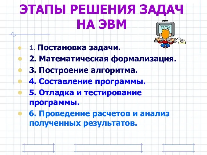 ЭТАПЫ РЕШЕНИЯ ЗАДАЧ НА ЭВМ 1. Постановка задачи. 2. Математическая