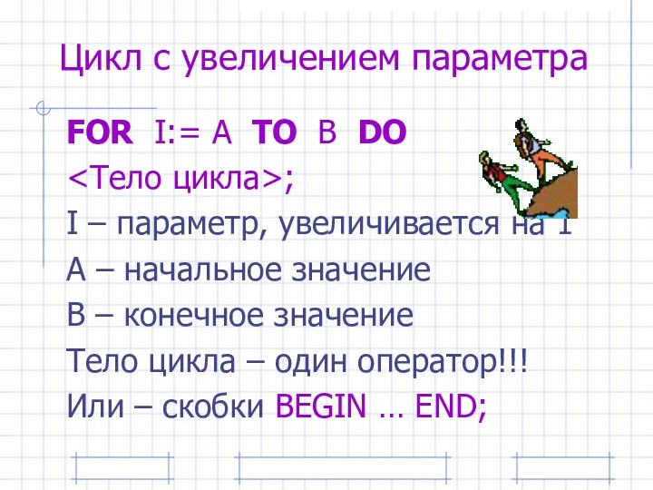 Цикл с увеличением параметра FOR I:= A TO B DO