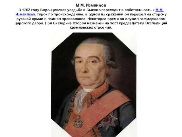 М.М. Измайлов В 1762 году Воронцовская усадьба в Быково переходит