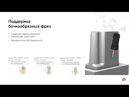 Поддержка бочкообразных фрез Сокращает время обработки Безопасная траектория Высокое качество поверхности