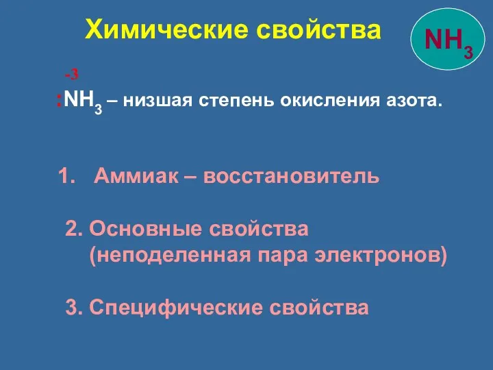 :NH3 – низшая степень окисления азота. -3 Аммиак – восстановитель