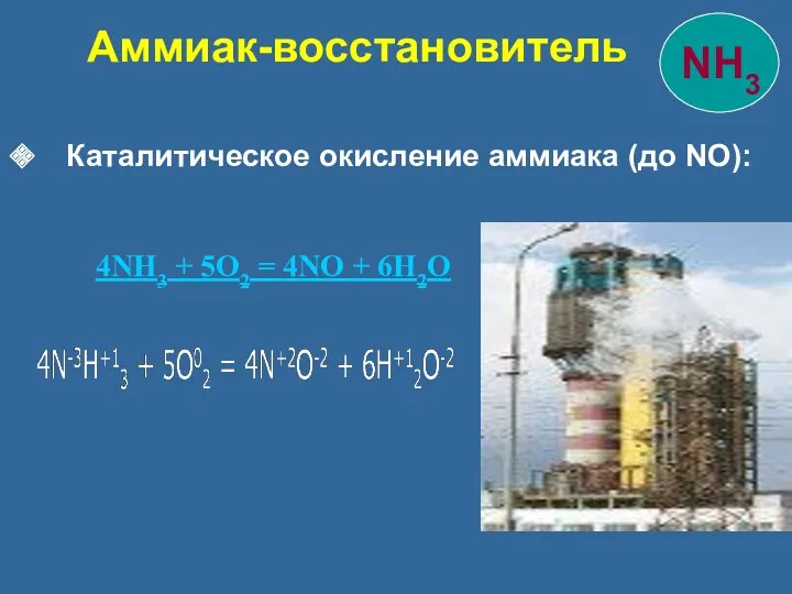 Каталитическое окисление аммиака (до NO): 4NH3 + 5O2 = 4NO + 6H2O Аммиак-восстановитель