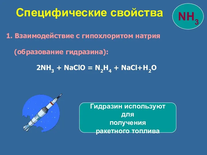 Специфические свойства 1. Взаимодействие с гипохлоритом натрия (образование гидразина): 2NH3