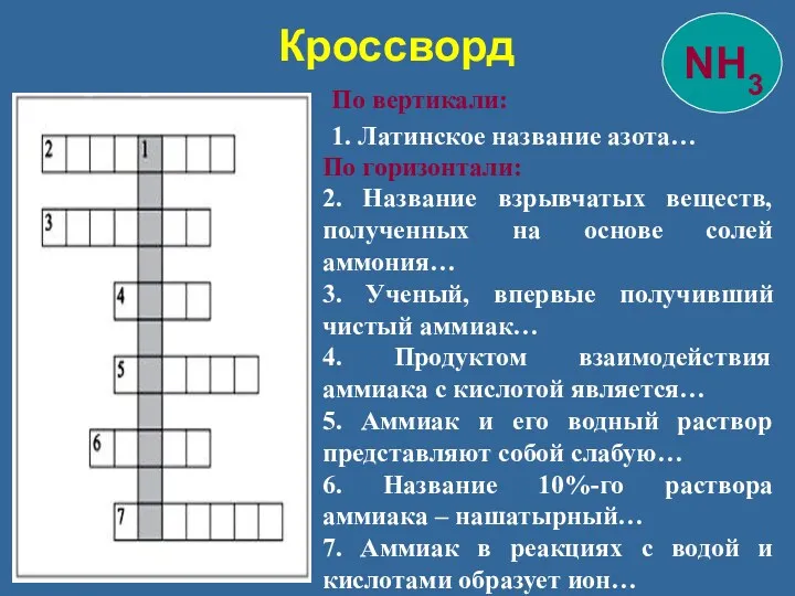 Кроссворд По вертикали: 1. Латинское название азота… По горизонтали: 2.