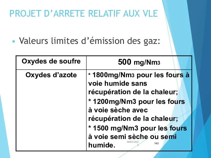 PROJET D’ARRETE RELATIF AUX VLE Valeurs limites d’émission des gaz: 08/02/2023