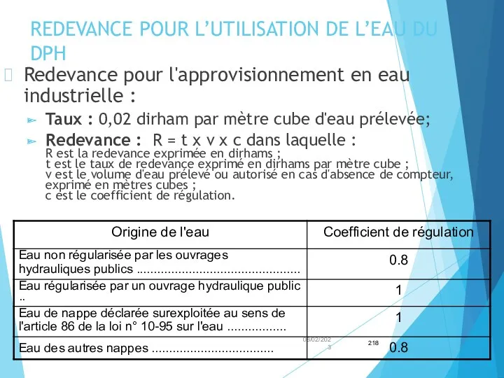 REDEVANCE POUR L’UTILISATION DE L’EAU DU DPH Redevance pour l'approvisionnement