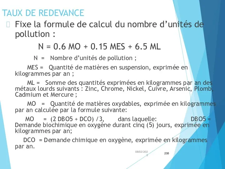 TAUX DE REDEVANCE Fixe la formule de calcul du nombre