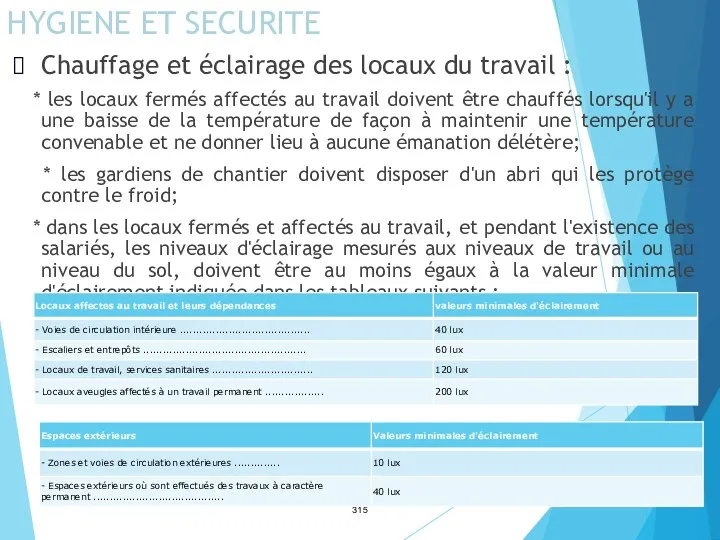 HYGIENE ET SECURITE Chauffage et éclairage des locaux du travail