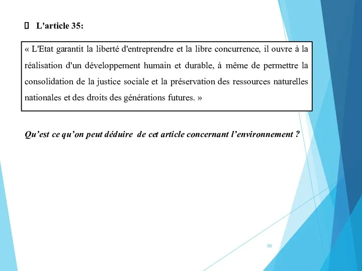 L'article 35: « L'Etat garantit la liberté d'entreprendre et la