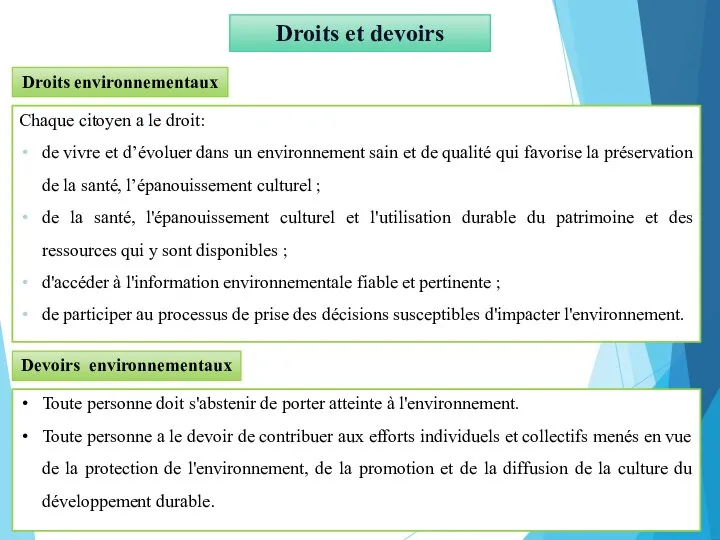 Droits et devoirs Droits environnementaux Chaque citoyen a le droit: