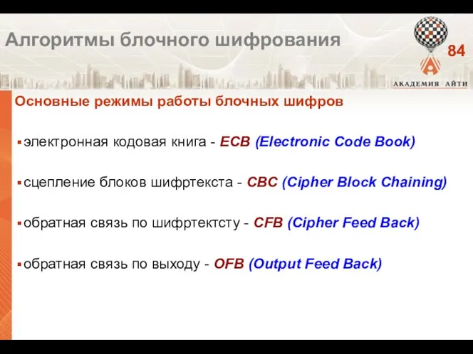 Основные режимы работы блочных шифров электронная кодовая книга - ECB
