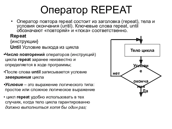 Оператор REPEAT Оператор повтора repeat состоит из заголовка (repeat), тела и условия окончания