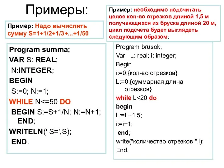 Примеры: Program summa; VAR S: REAL; N:INTEGER; BEGIN S:=0; N:=1; WHILE N BEGIN