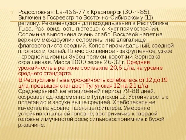 Родословная: La-466-77 х Красноярск (30-h-85). Включен в Госреестр по Восточно-Сибирскому