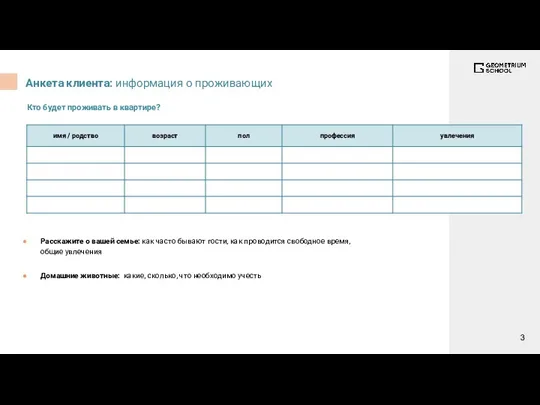 Анкета клиента: информация о проживающих Расскажите о вашей семье: как